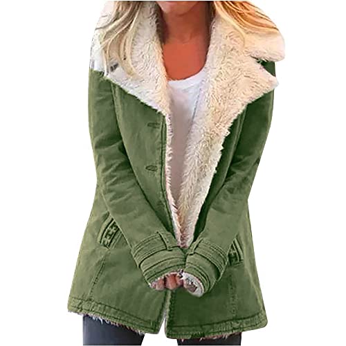 Women's Shearling-Lined Suede Jacket - Mid-Length - Wide Lapel - Button Closure