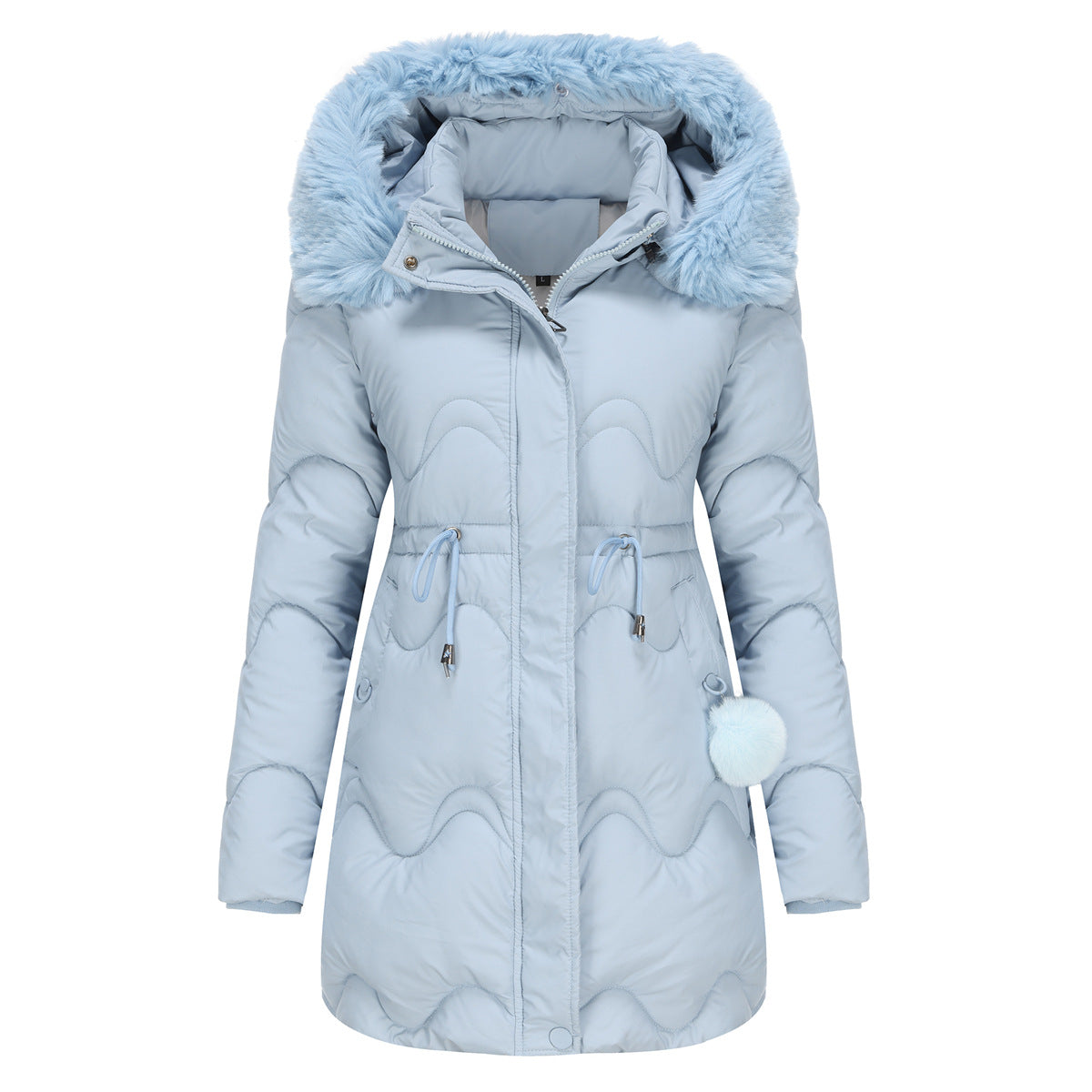 Women's winter jacket with detachable hood and zip fasteners