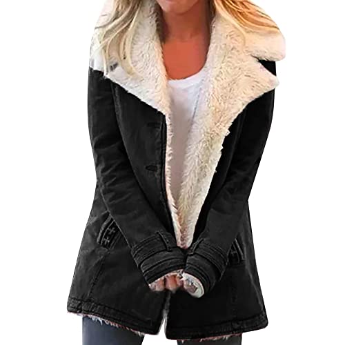 Women's Shearling-Lined Suede Jacket - Mid-Length - Wide Lapel - Button Closure