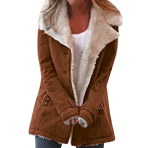 Women's Shearling-Lined Suede Jacket - Mid-Length - Wide Lapel - Button Closure