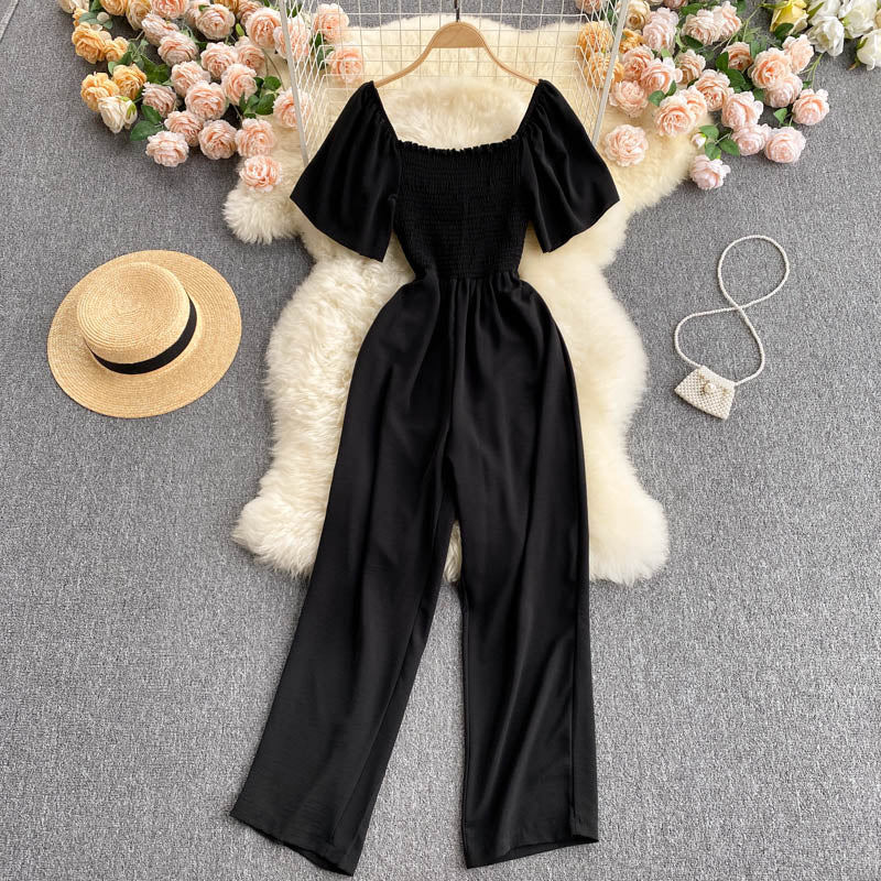 Women's square collar elastic waist long wide leg pants jumpsuit