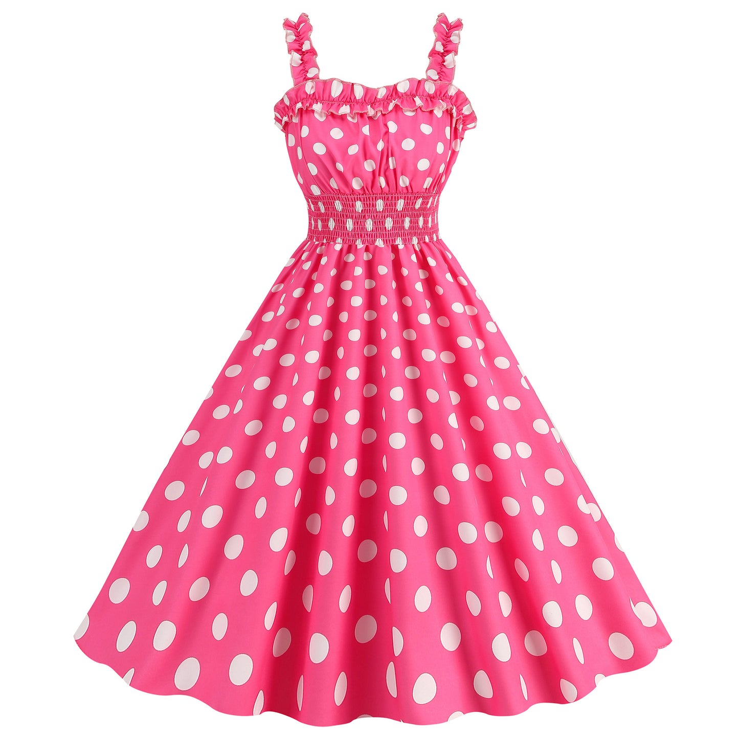 Polka dot vintage swing dress with ruched straps