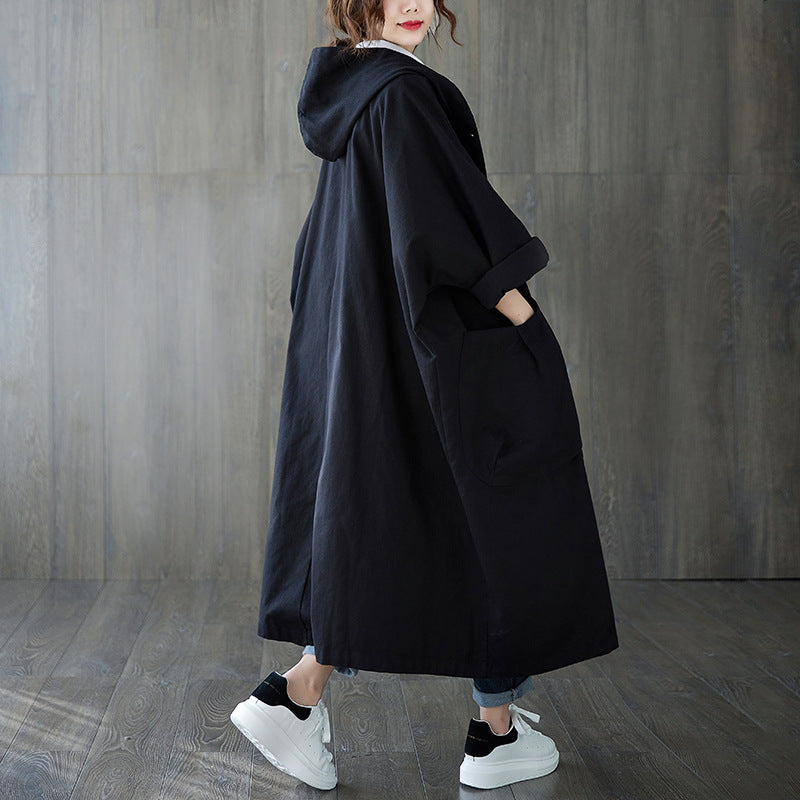 Women's Oversized Trench Coat - Hooded - Button Front - Relaxed Fit - Casual Wear