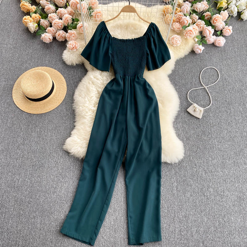 Women's square collar elastic waist long wide leg pants jumpsuit