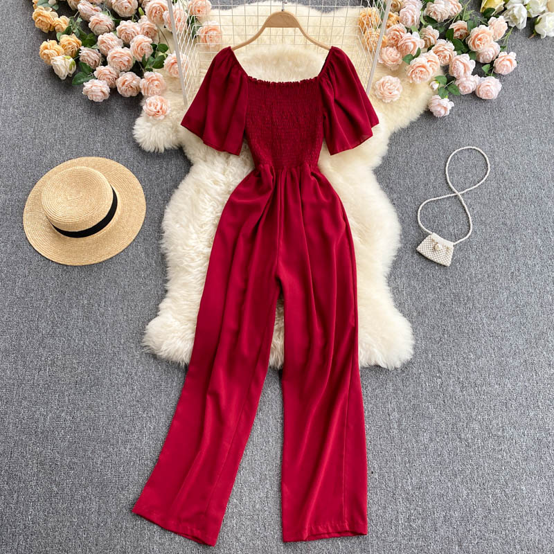 Women's square collar elastic waist long wide leg pants jumpsuit