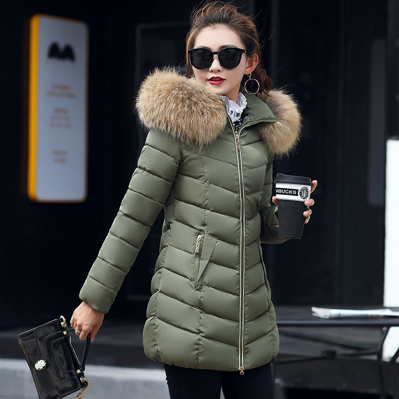 Womens slim fit winter puffer coat with fur collar