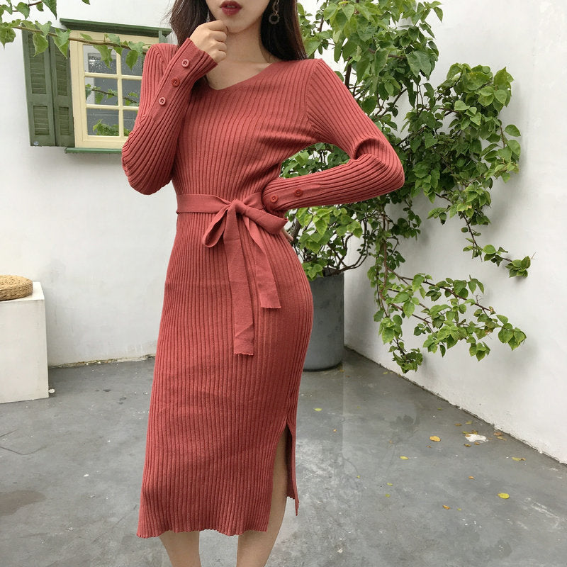 Women's Ribbed Knit Dress - V-Neck - Long Sleeve - Bodycon Fit - Midi Length