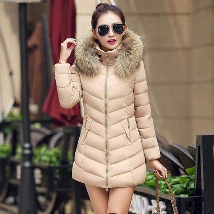 Womens slim fit winter puffer coat with fur collar
