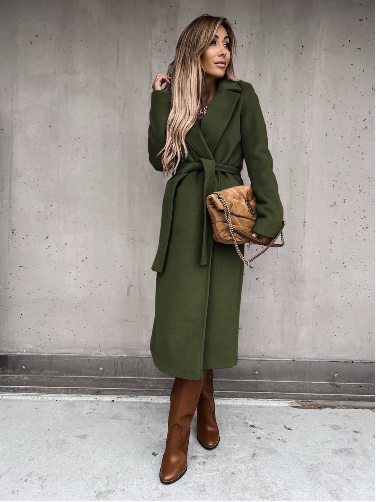 Women's long belted coat with notched collar