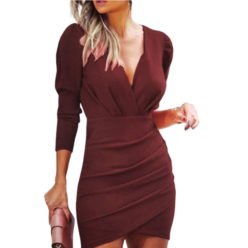 Women's Mini Dress - V-Neck Bodycon - Three-Quarter Sleeve - Wrap Style Elegant Fit