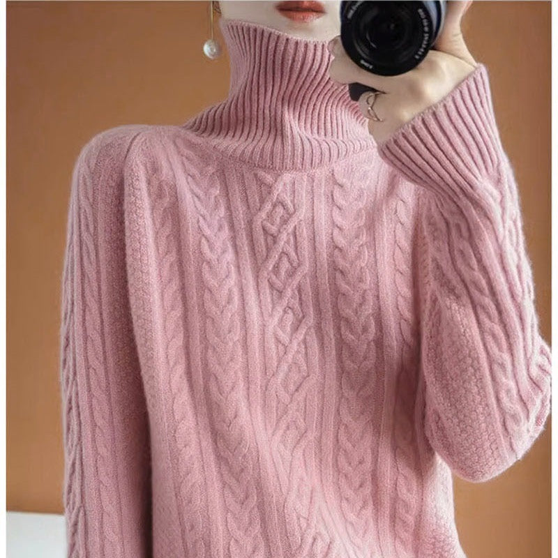 Women's Cable Knit Turtleneck Sweater - Soft Wool Blend - Ribbed Cuffs Warm Fit