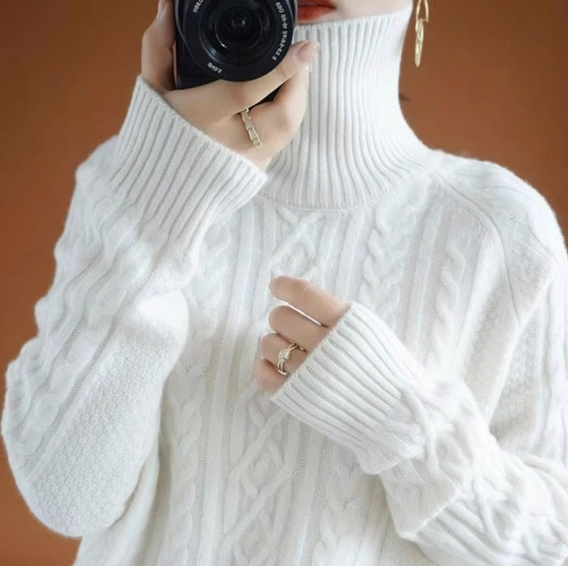 Women's Cable Knit Turtleneck Sweater - Soft Wool Blend - Ribbed Cuffs Warm Fit