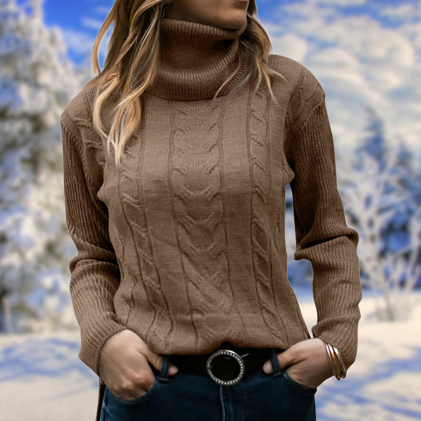 Women’s Turtleneck Sweater – Cable Knit – Long Sleeve – Relaxed Fit – Soft Knit Fabric