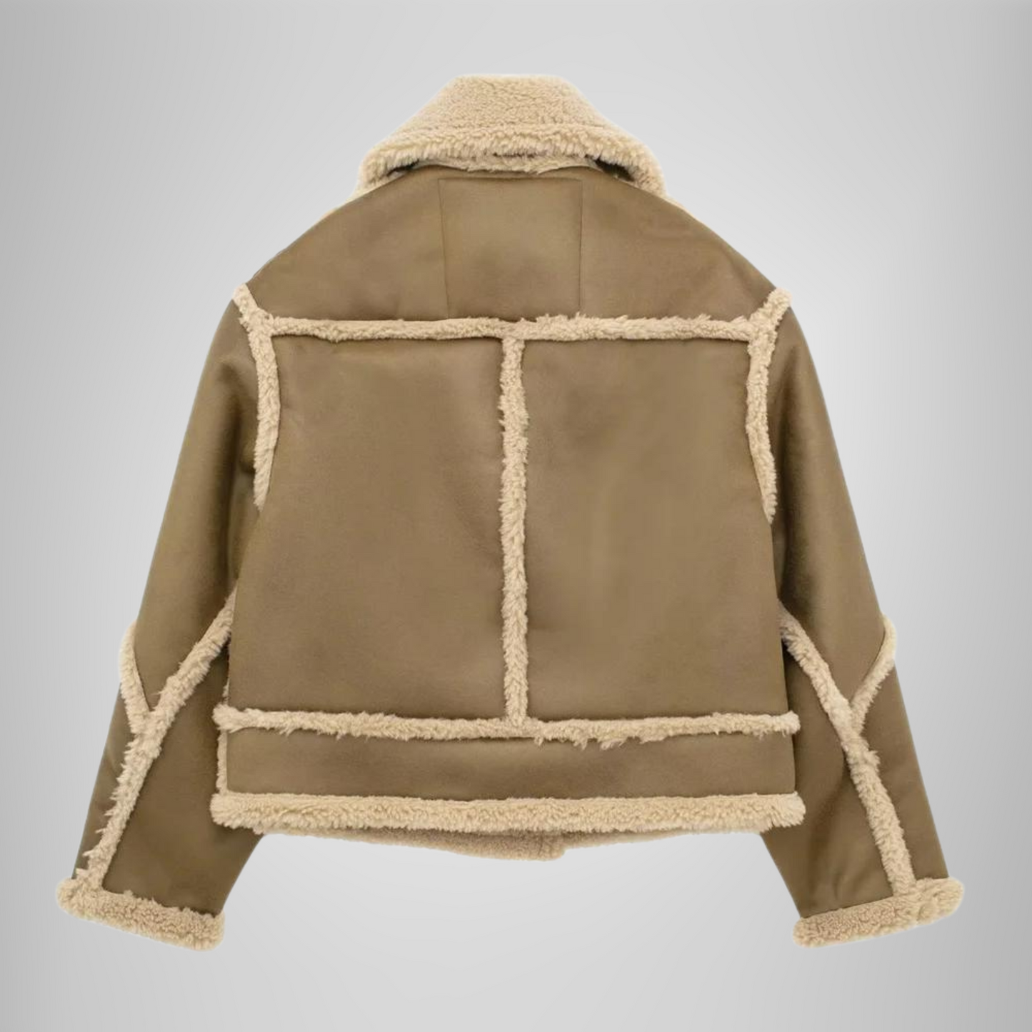 Women’s Shearling Jacket - Faux Suede - Cropped Fit - Large Lapel Collar - Warm Lined