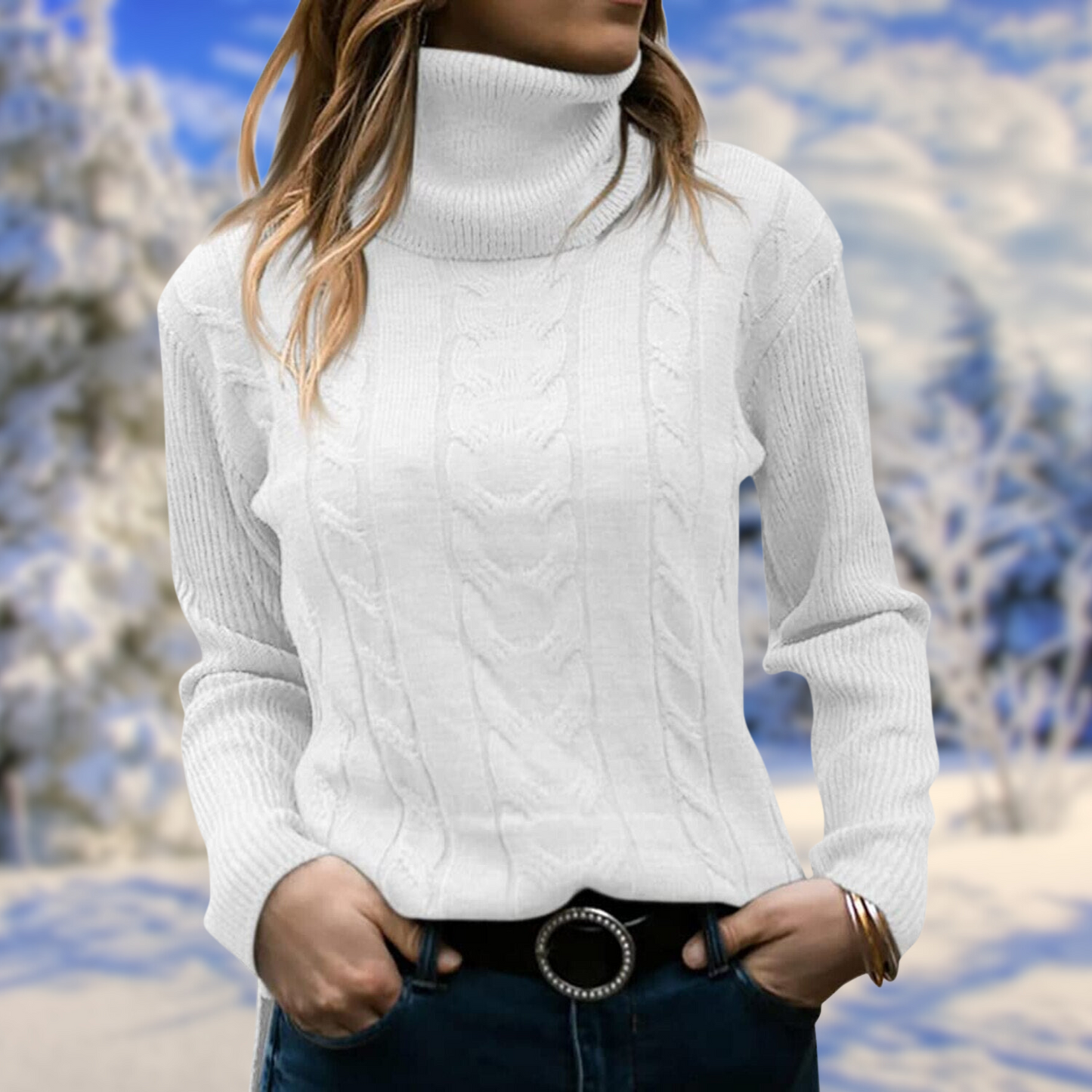 Women’s Turtleneck Sweater – Cable Knit – Long Sleeve – Relaxed Fit – Soft Knit Fabric