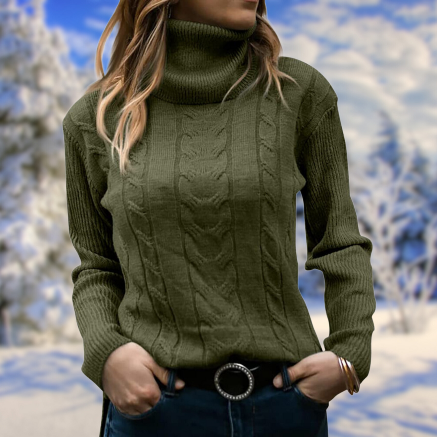 Women’s Turtleneck Sweater – Cable Knit – Long Sleeve – Relaxed Fit – Soft Knit Fabric
