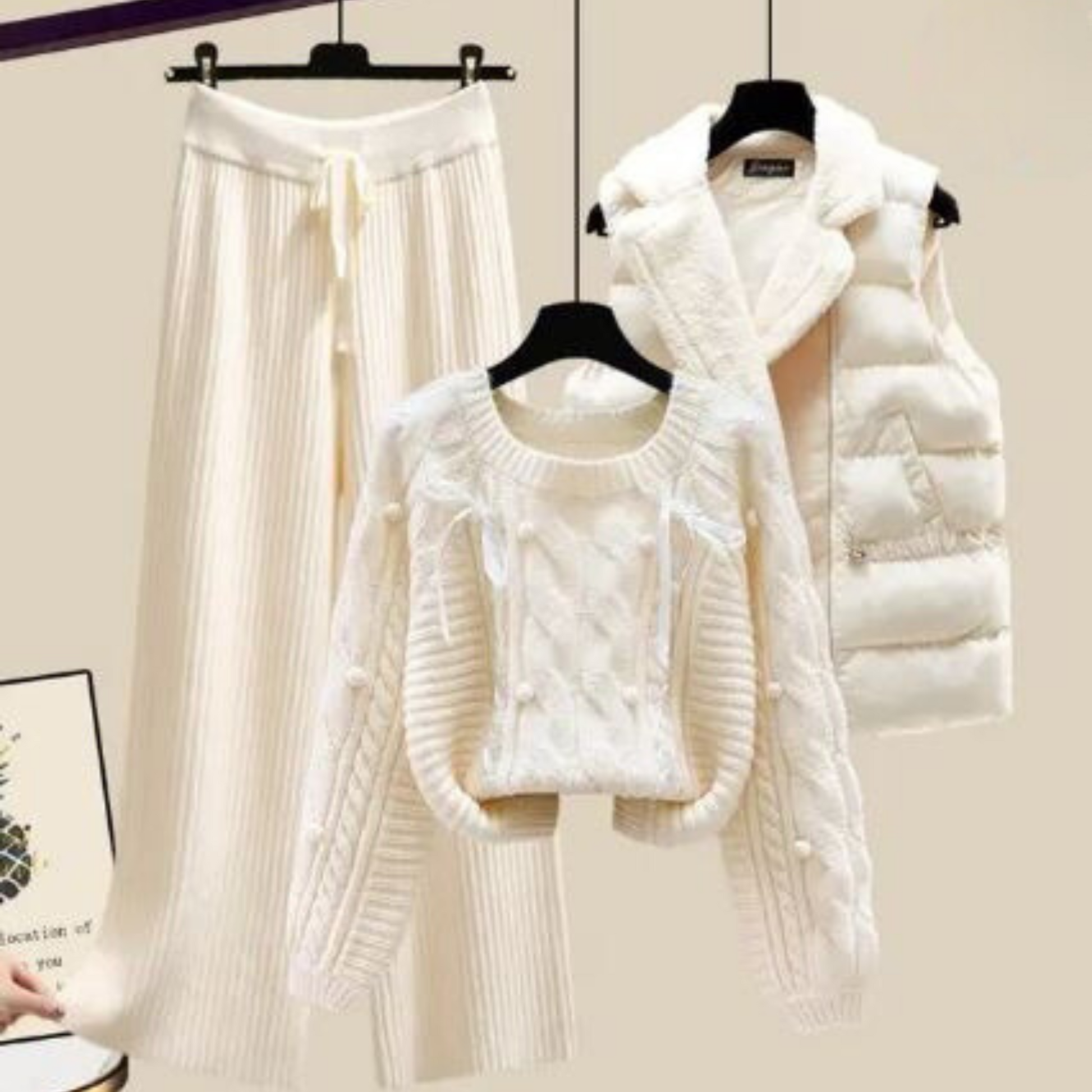 3-Piece Set Cable Knit Oversized Puff Sleeve Sweater