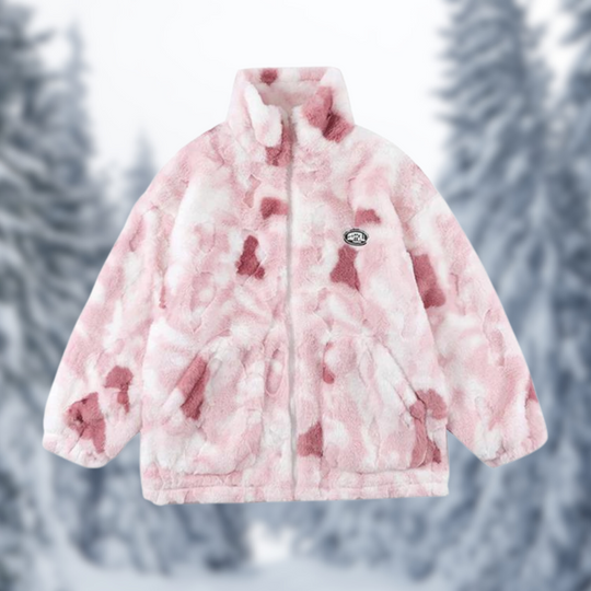 Women's faux-fur fleece jacket tie-dye stand collar