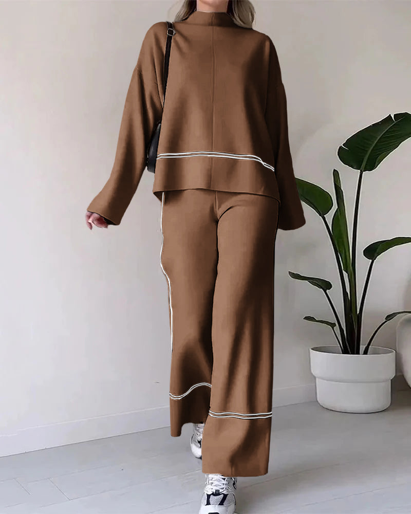 Women elegant turtleneck top and wide pants set