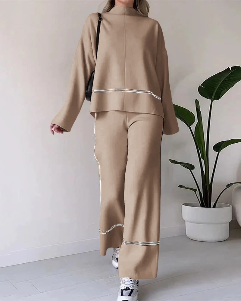 Women elegant turtleneck top and wide pants set