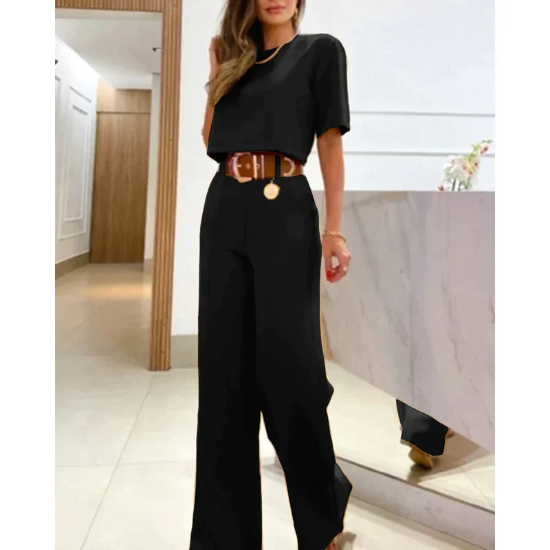 Women's summer short-sleeved cropped top wide leg pants set