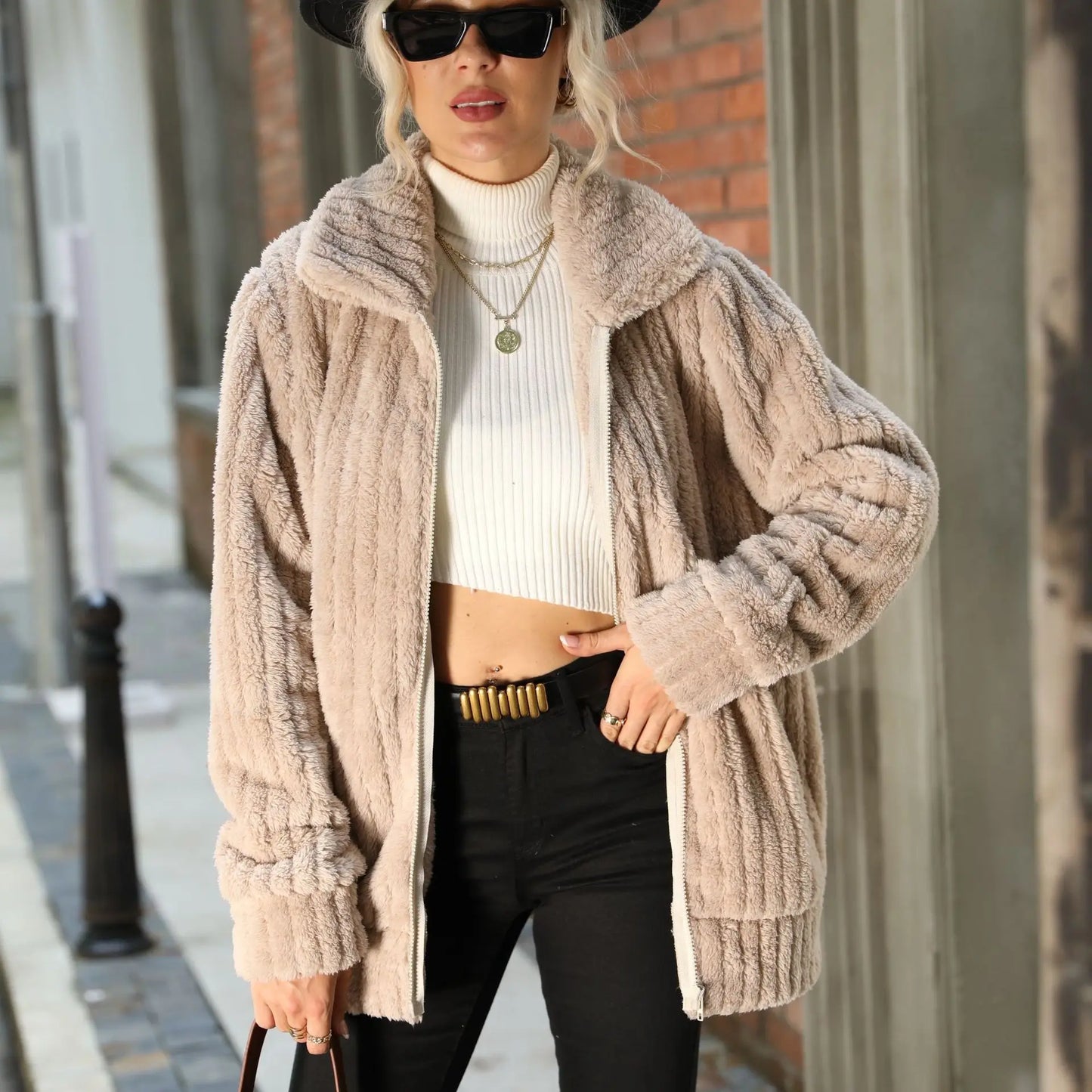 Women's velvet lapel medium-length coat