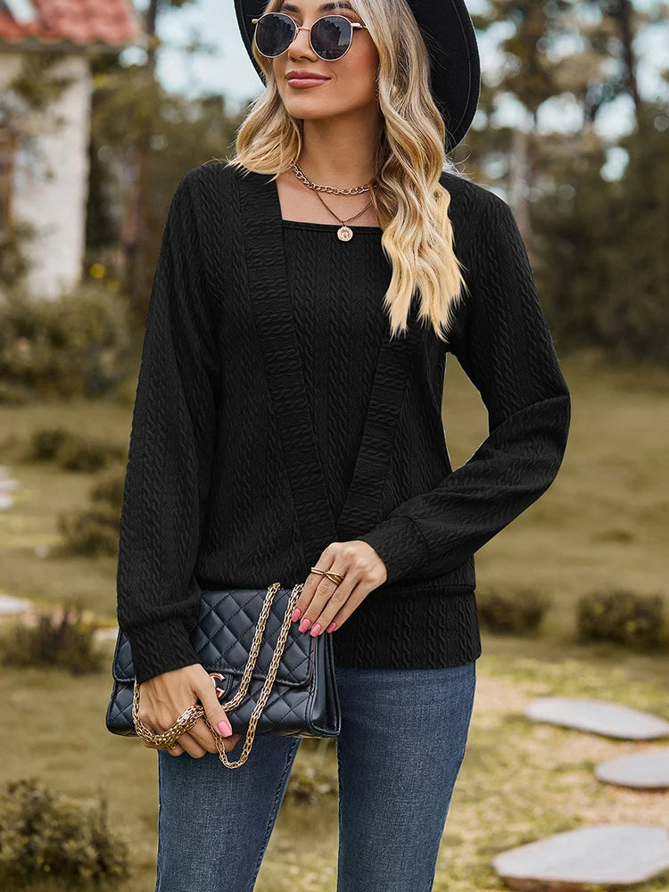 Elegant Square Neck Long Sleeve T-Shirt