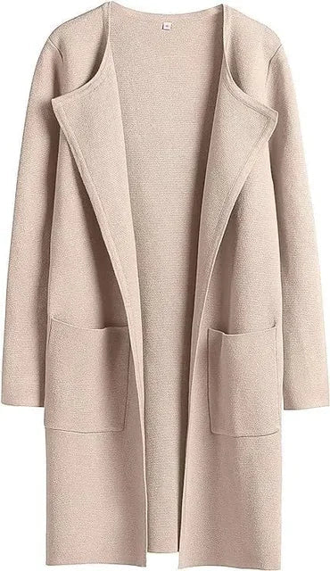 Women’s Long Coat - Wool Blend - Tailored Fit - Open Front with Notched Lapels
