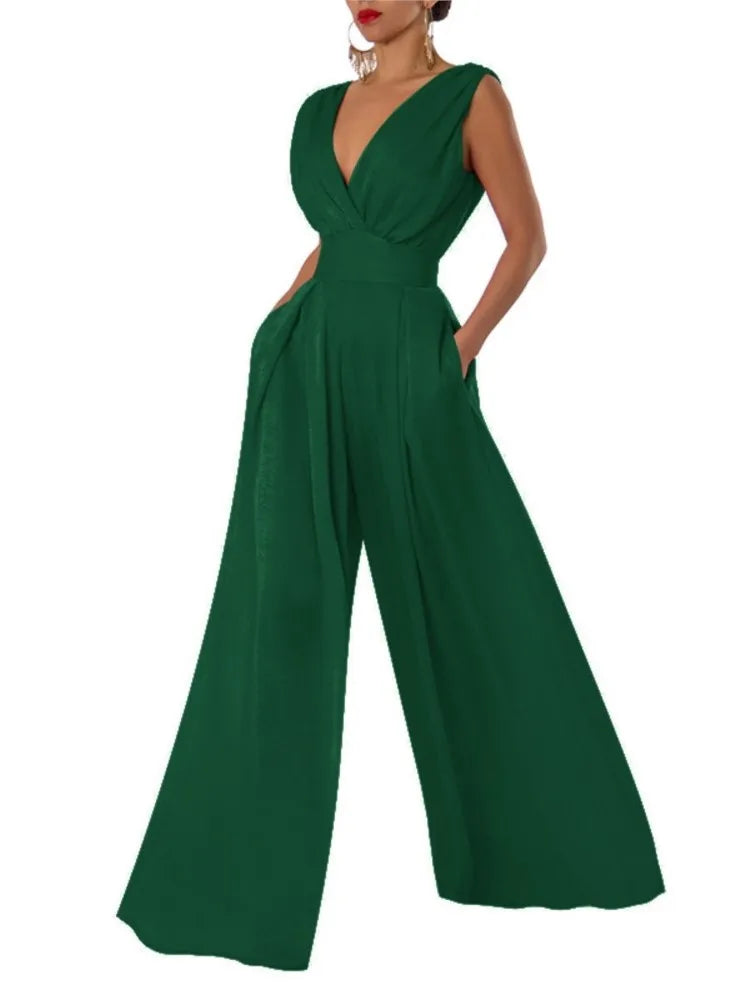 Women's Jumpsuit - Sleeveless V-Neck Wrap - Wide-Leg Elegant Fit - Lightweight Fabric