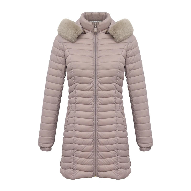 Women's slim fit winter puffer jacket with fur hood