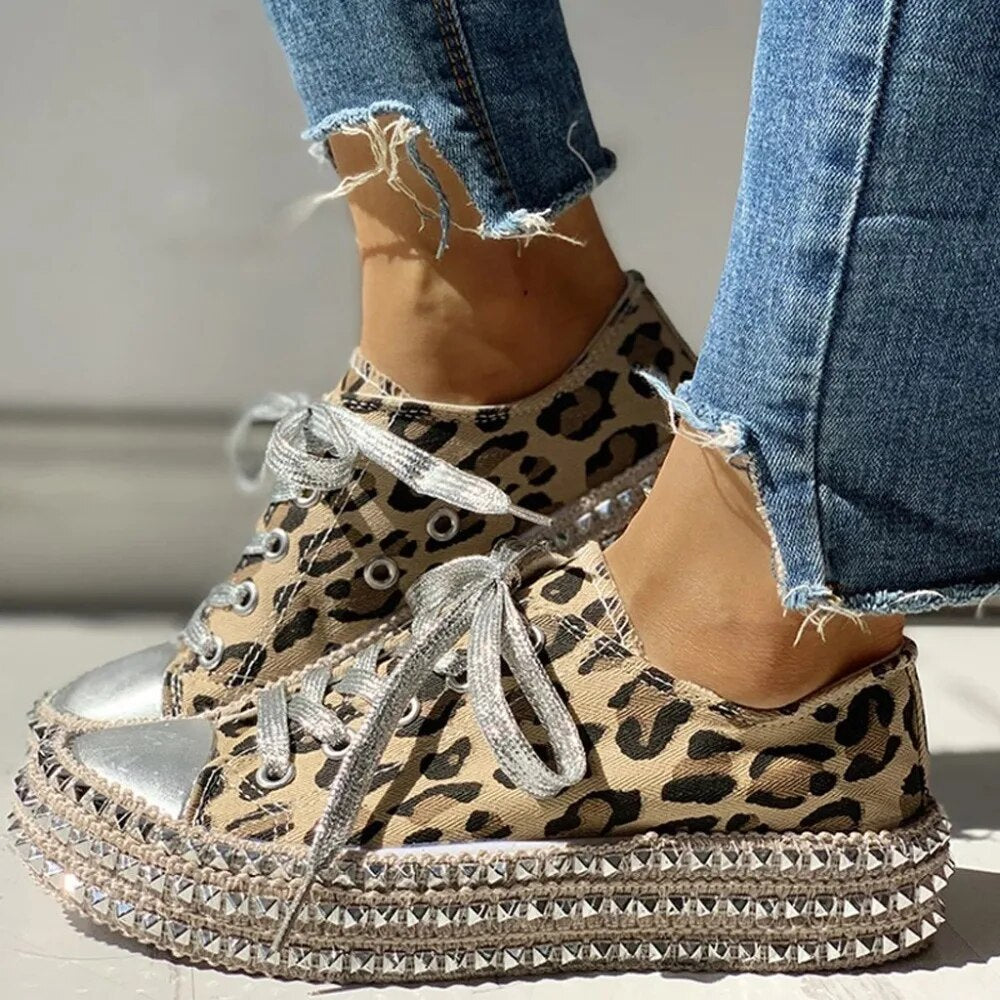 Women's Platform Sneakers - Animal Print - Metallic Toe Cap - Lace-Up Stylish Design