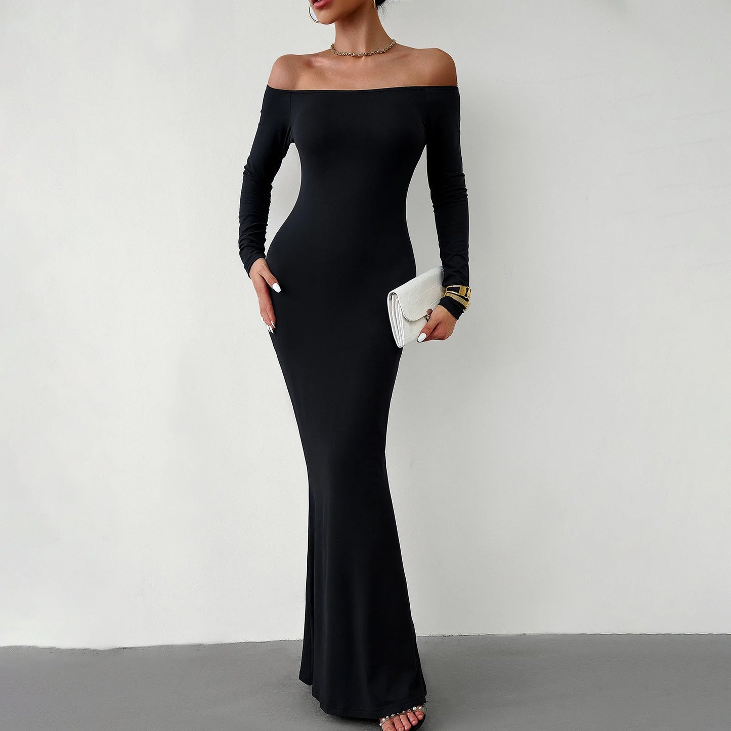 Women’s Maxi Dress – Off-Shoulder – Stretch Fit – Long Sleeve Elegant Formal Gown