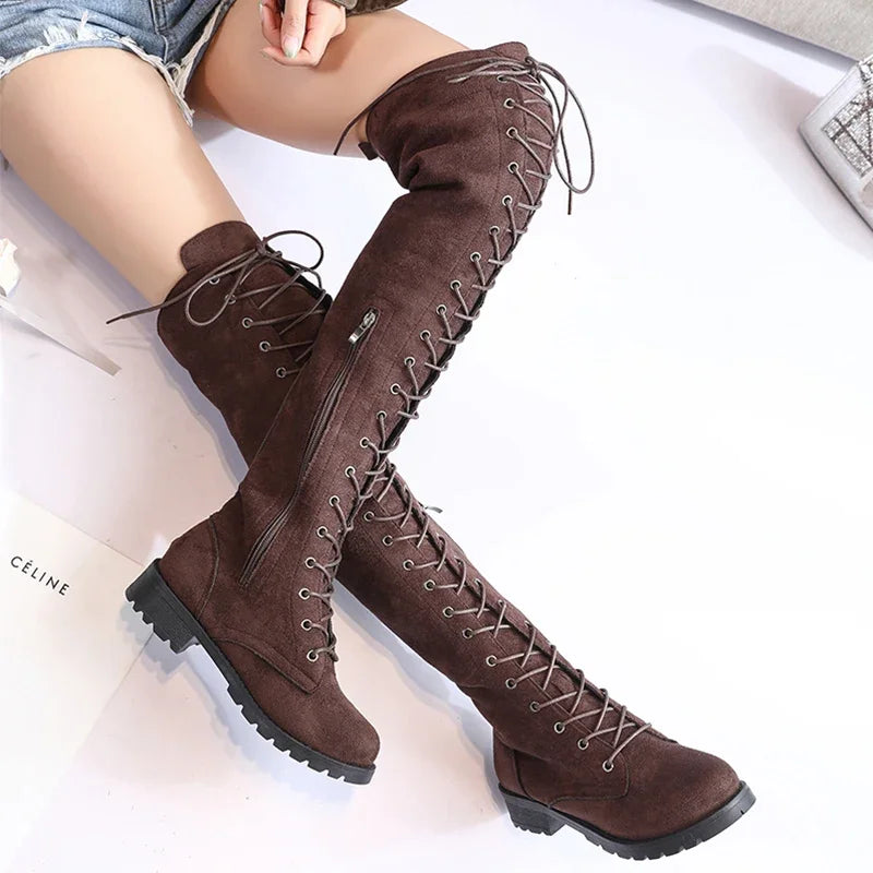 Women’s Over-the-Knee Boots – Suede-Like Texture – Lace-Up Front – Side Zipper – Rugged Sole