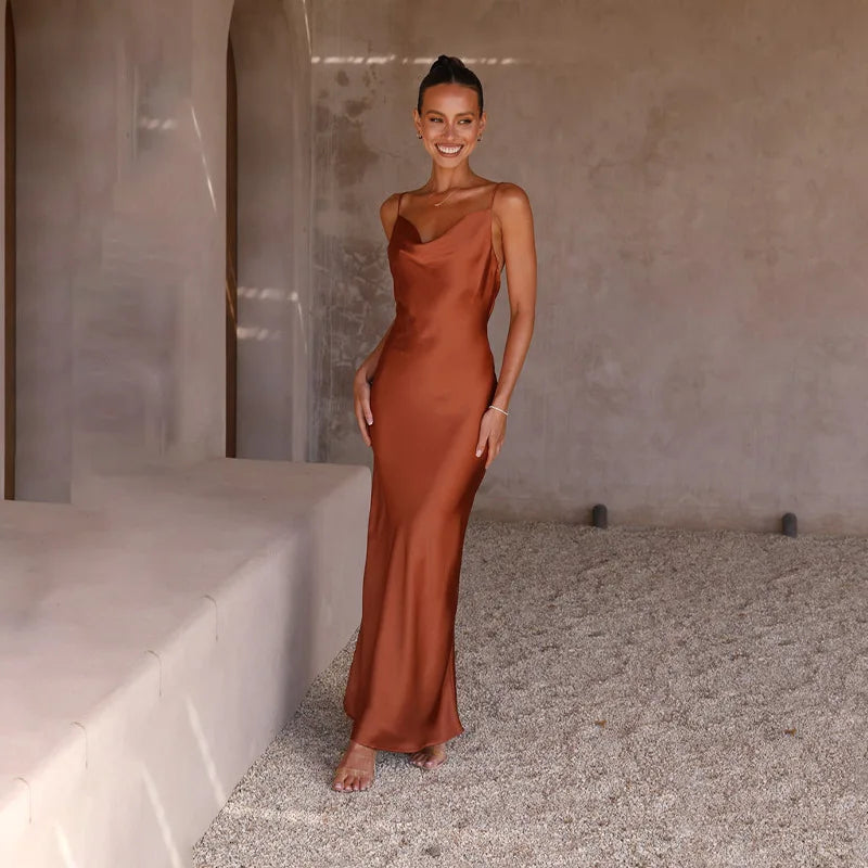 Women’s Maxi Dress – Satin Slim Fit – Cowl Neck – Spaghetti Strap Evening Gown