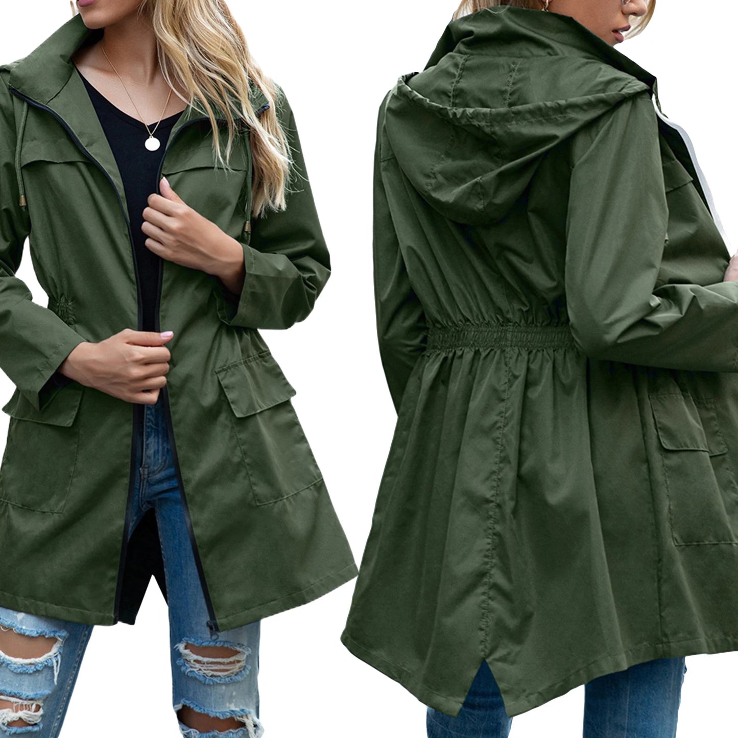 Women's casual hooded jacket with waist drawstring and pockets