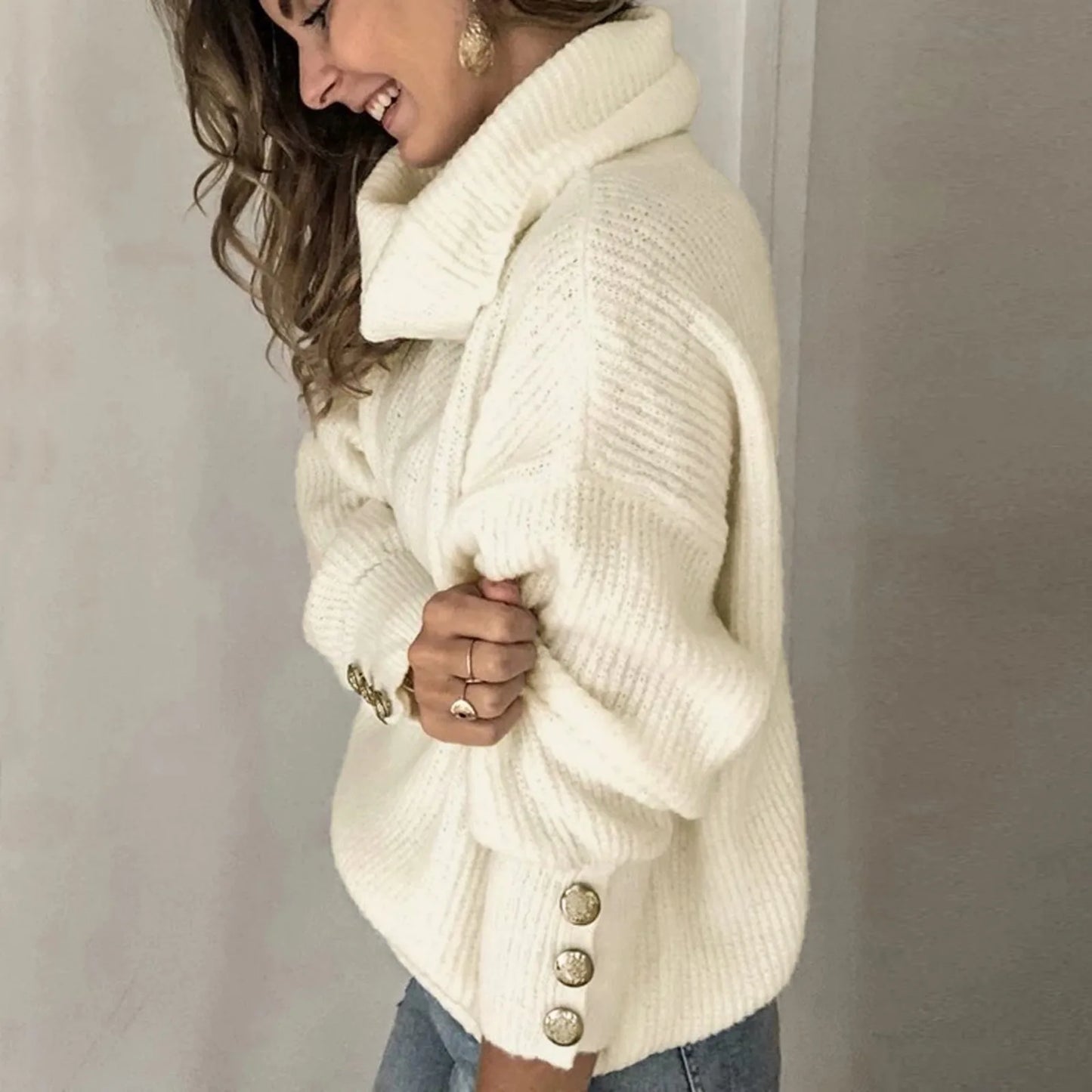 Women's winter vintage turtleneck sweater with metal buttons