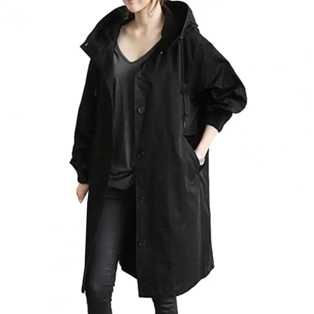 Women's Long Overcoat - Water-Resistant - Hooded with Button Closure - Elastic Cuffs