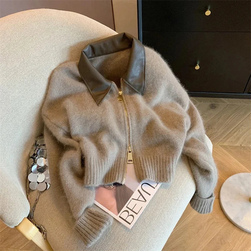 Women’s leather polo collar knitted cardigan with double-head zipper