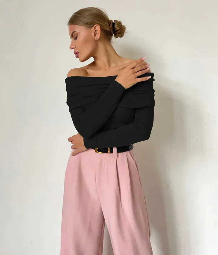 Women’s Off-Shoulder Top – Ribbed Knit – Fitted Silhouette – Long Sleeve Casual Wear