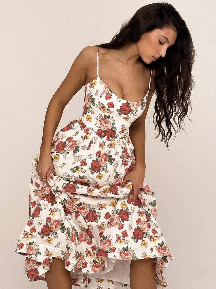 Women’s A-line Dress – Cotton Blend – Floral Print – Spaghetti Straps – Backless – Midi Length