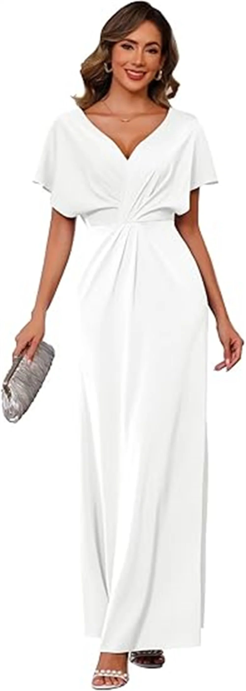 Women’s Maxi Dress – Satin Feel – Draped Waist – V-Neck – Short Sleeve Formal Fit