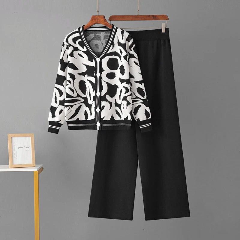 Women's spring/autumn leopard print knitted cardigan wide-leg pants two-piece set