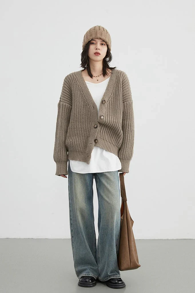 Women’s Knit Cardigan – Chunky Ribbed – Oversized Fit – Button Front – V-Neck