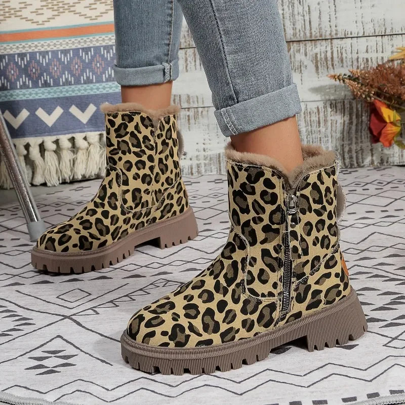 Women's leopard print winter side zipper boots
