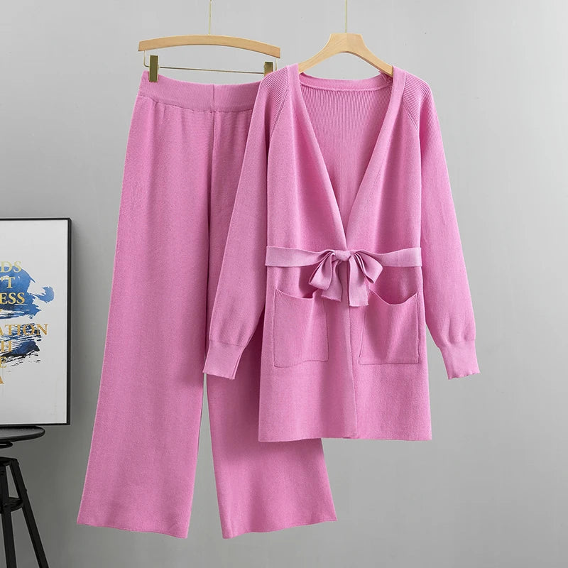 Women's autumn winter knit cardigan wide leg pants sets