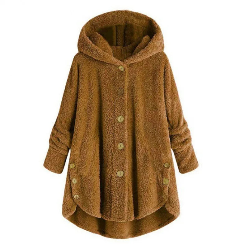 Women’s Fleece Jacket – Relaxed Fit – Hooded – Button Front – Long Back Hem – Pockets