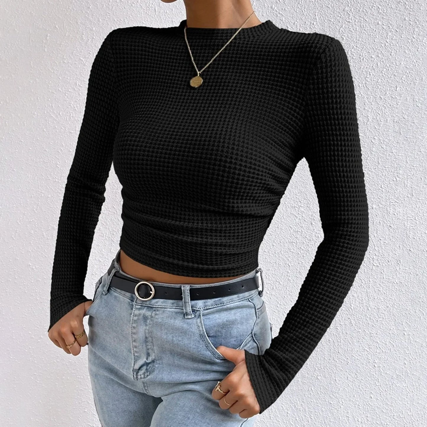 Women's basic waffle long sleeve t-shirt slim fit top
