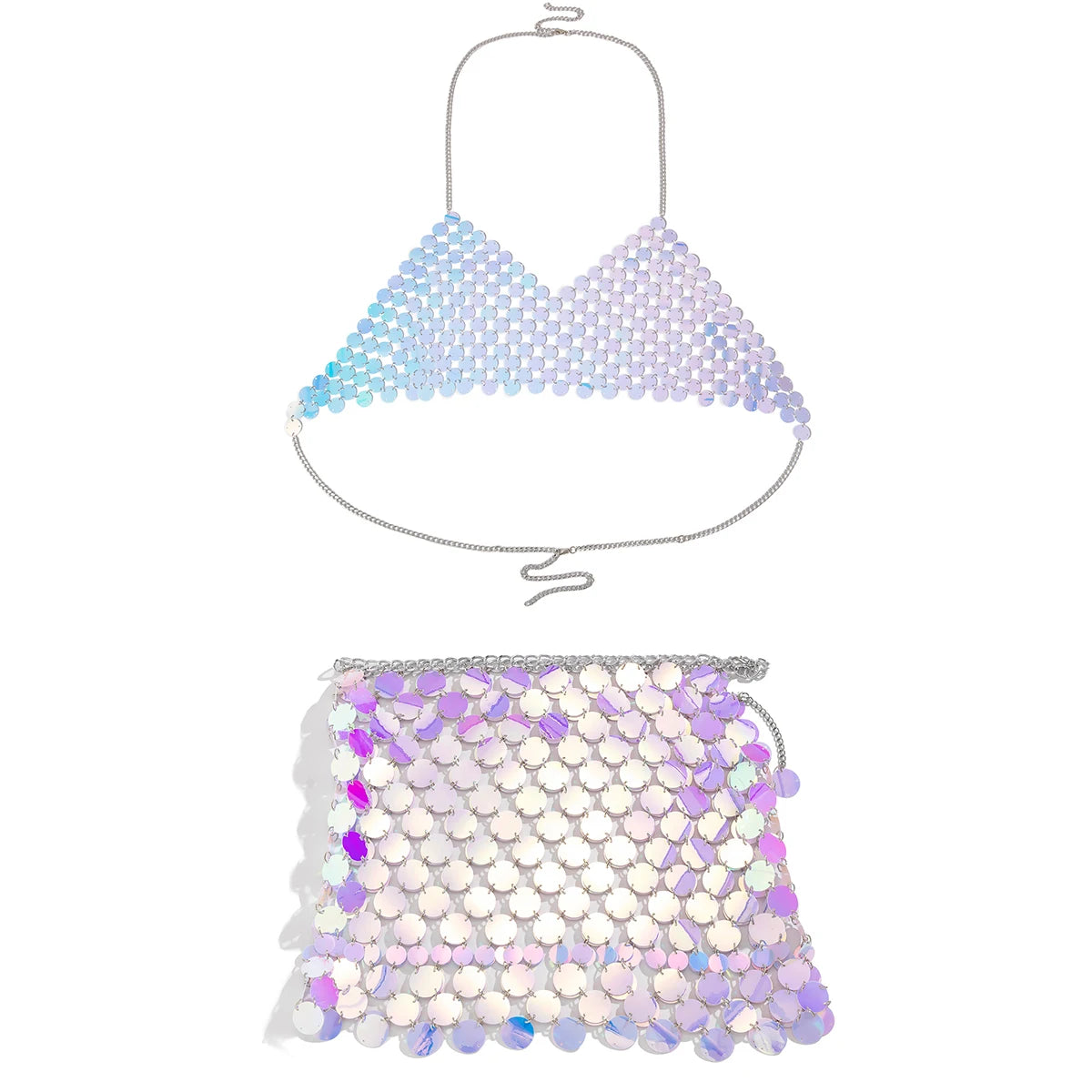 Women’s Sequin Halter Top and Skirt Set - Metallic Chainmail Style - Partywear Ensemble