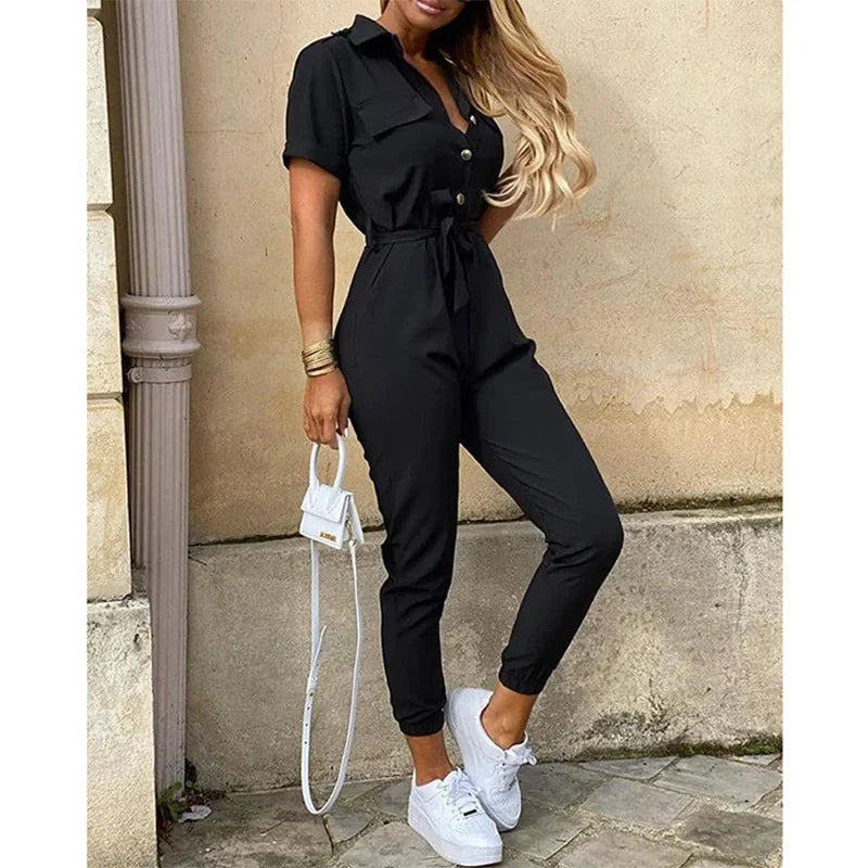 Women's monochromatic summer workwear jumpsuit with belt