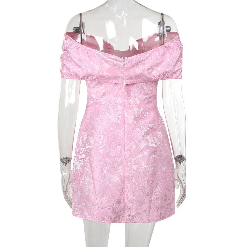 Women’s Mini Dress – Textured Jacquard – A-Line Fit – Off Shoulder – Statement Bow
